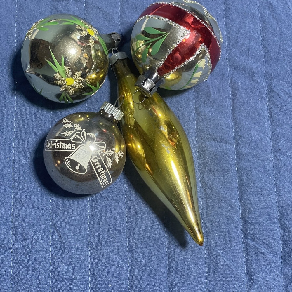 Vintage Christmas Ornaments Glitter Teardrop‎ Round Mercury Glass 4 Pc Lot #8